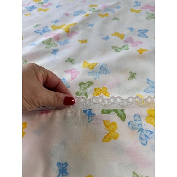 Vintage 70s flat sheet, yellow, pink, blue green butterflies, twin size, Dior - Picture 5 of 8